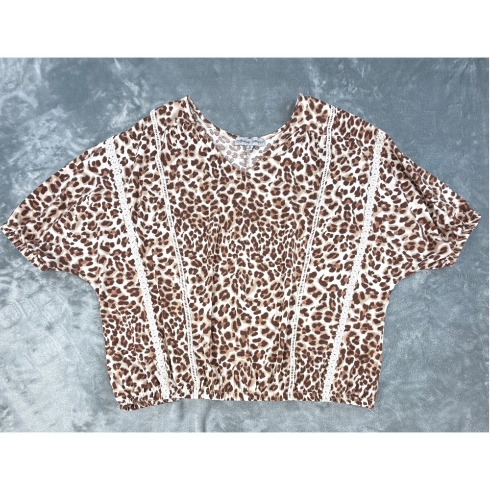 Absolutely Famous Leopard Print Dolman Blouse V-Neck Crochet Lace Brown 1X